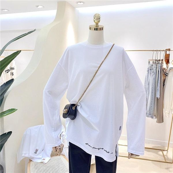 

women's t-shirt white mid-length bottoming shirt long-sleeved loose top