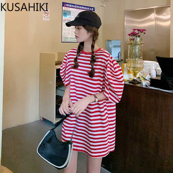 

medium-long korean striped woman tshirts causal back hollow-out graphic tees summer puff sleeve t shirt 6g588 210603, White