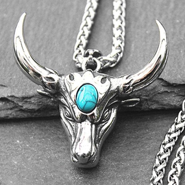 

chains retro blue turquoise bull head pendant trendy men's necklace fashion personality domineering female sweater chain, Silver