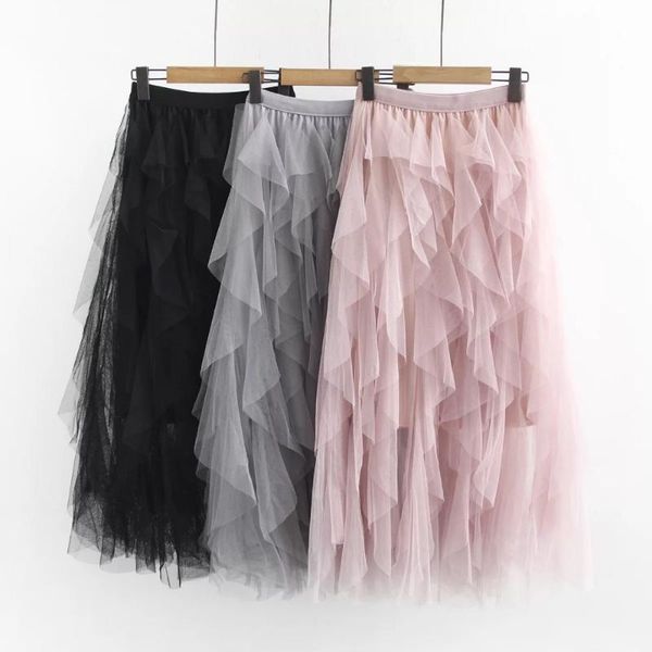 

skirts ubetoku 2021spring women fluffy skirt sweet solid mesh lace elastic waist plus size clothing(bq21), Black