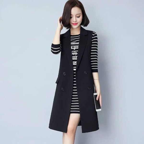 

women's vests 2021 spring autumn mid-length waistcoat jacket large size office lady black long vest outwear work coat women, Black;white