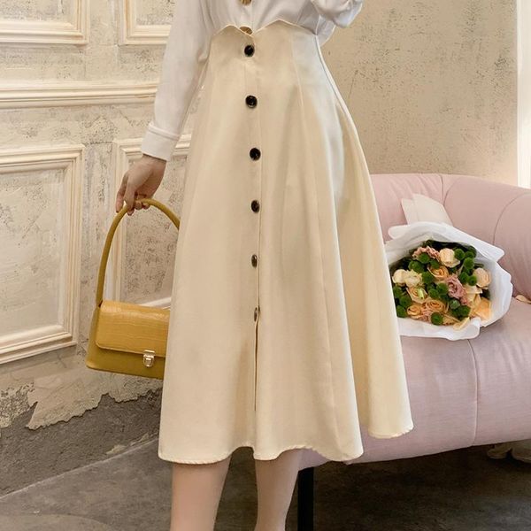 

real s2021 spring and summer temperament ladies high waist single-breasted wild solid color casual skirt, Black