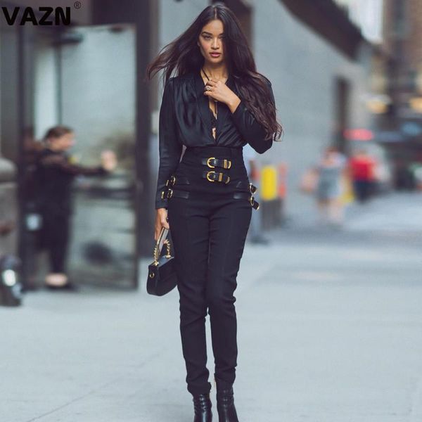 

women's pants & capris vazn fashion women high street style long waist elastic buckles decoration tight little feet, Black;white