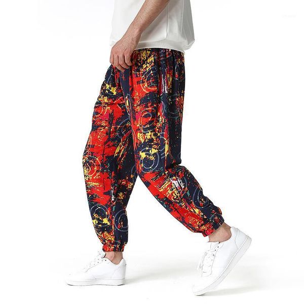 

fashion graffiti swirl print joggers pants men 2021 summer cotton linen jogging sweatpants harajuku streetwear casual men's, Black