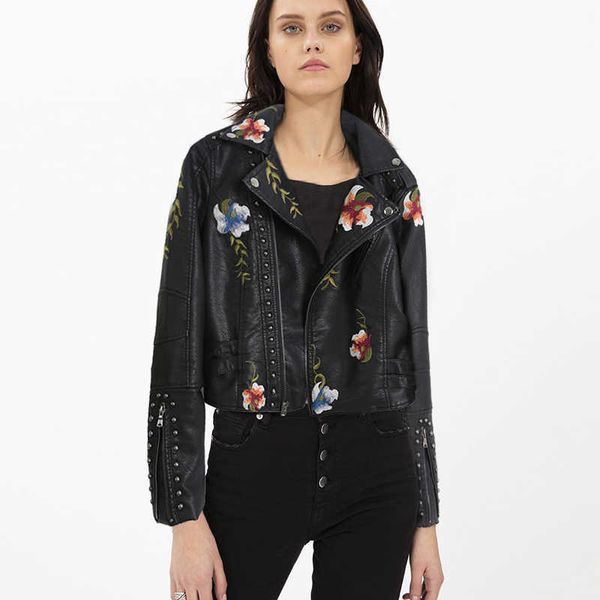 

womens long sleeve floral embroidered turn-down collar leather jacket sportswear fashion motorcycle coat mujer 210909, Black
