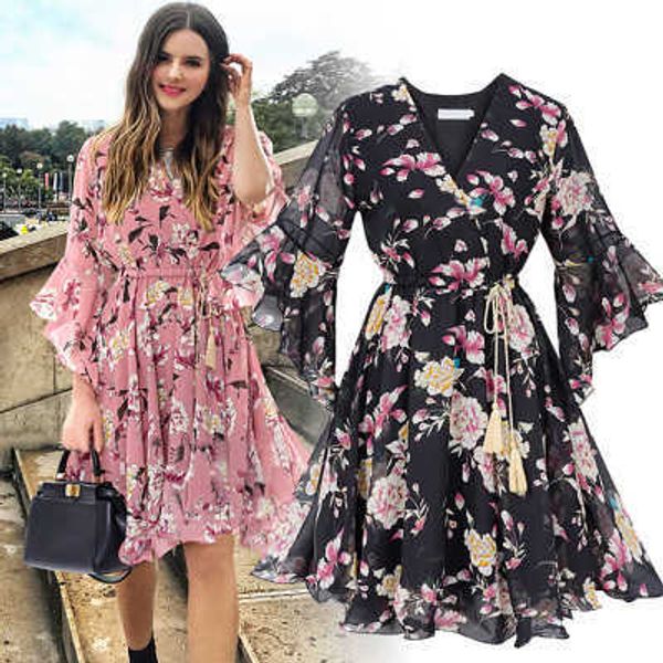 

casual dresses chiffon high elastic waist party dress bow a-line women butterfly sleeve flower print floral boho dress female vestido t22090, Black;gray