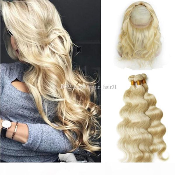 

blonde 360 lace frontal closure with bunldes #613 bleach blonde hair with 360 full lace band frontal peruvian virgin hair with 360 closure, Black;brown