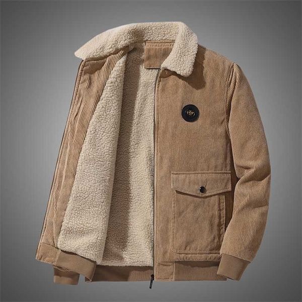 

winter warm thicken corduroy jackets men fur collar khaki coat casual solid color loose all-match fleece thermal parkas 211204, Black