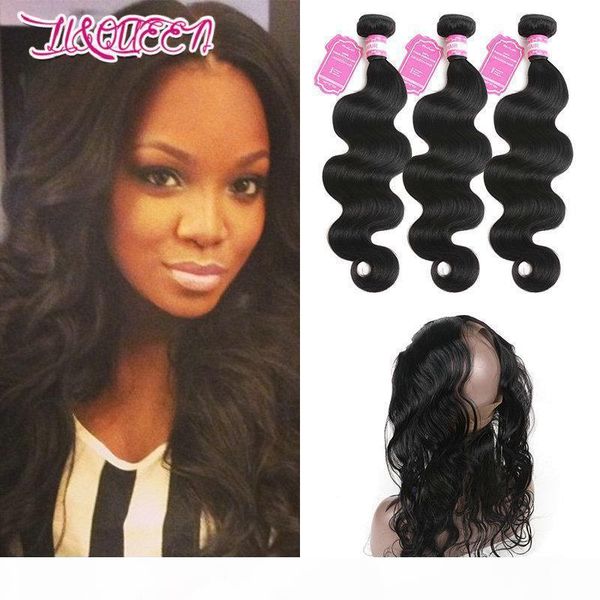 

malaysian 100% unprocessed human hair 3 bundles with 360 lace frontal pre plucked baby hair 4 pieces body wave bundles with 360 lace frontal, Black;brown
