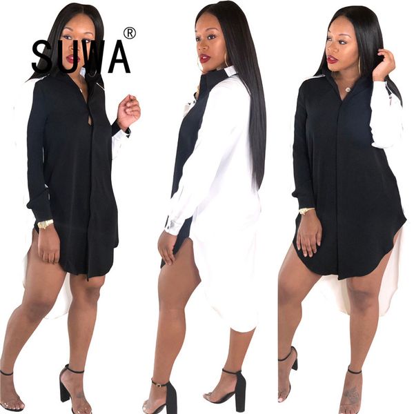 

autumn winter women patchwork turn-down neck high low long sleeve knee length blouses shirt dress wholesale drop 210525, Black;gray