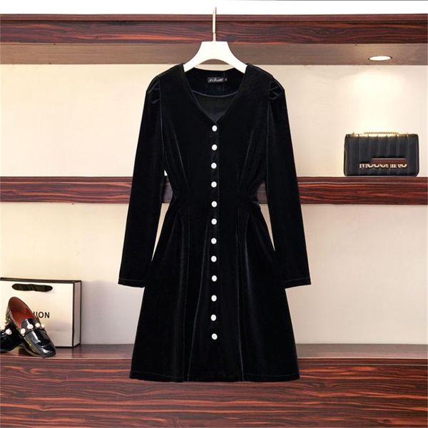 

casual dresses black velvet dress 2021 fashion plus size for women single breasted slim waist mini european style robe femme, Black;gray