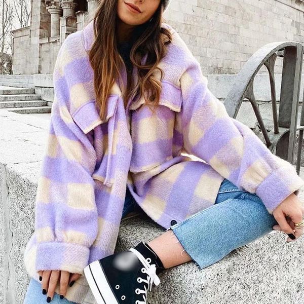 

women's jackets plaid woolen women fashion pockets turn-down collar check jacket causal streetwear loose long sleeved casaco feminino, Black;brown