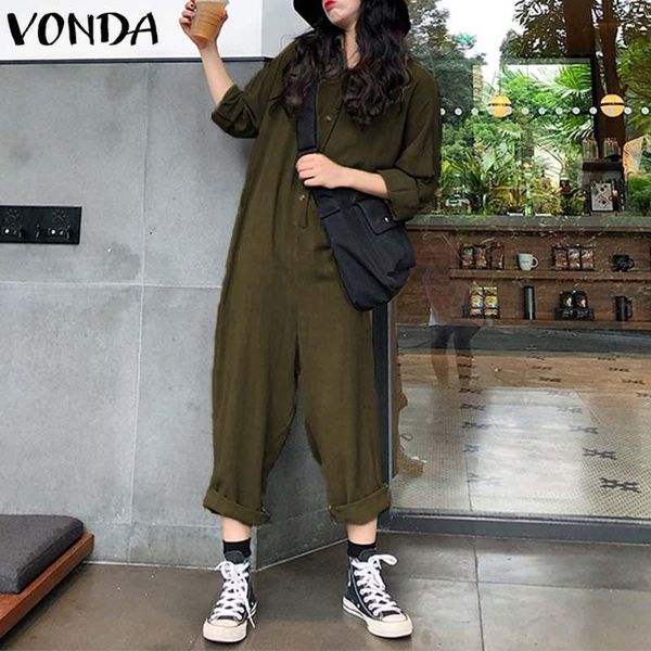 

women's jumpsuits & rompers vonda women romper 2021 casual loose lapel neck button long sleeve solid overalls plus size wide leg pants, Black;white
