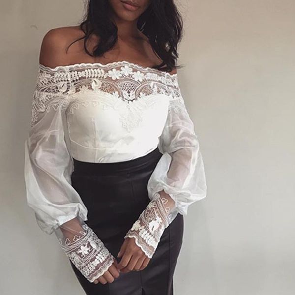 

women's blouses & shirts lace shirt blouse women off shoulder slash neck hollow chiffon lantern sleeve, White