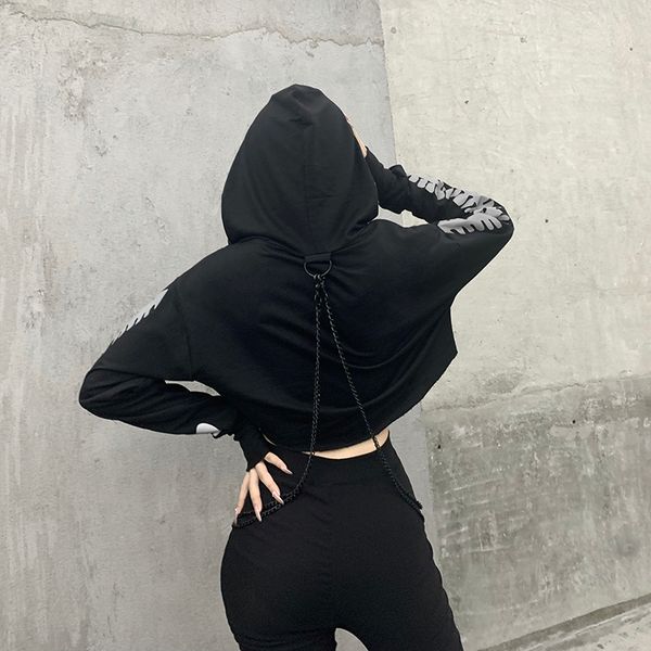 

punk loose long sleeve print hooded crop women gothic splice metal chain short tshirt female autumn streetwear, White
