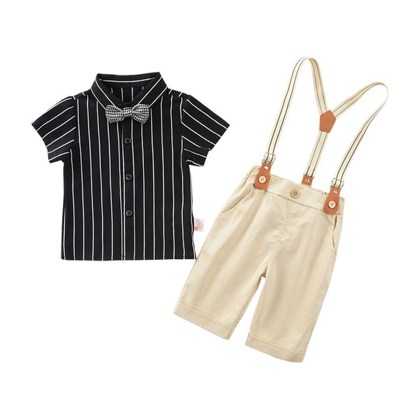 

1-6y summer formal baby kids boys clothes sets striped short sleeve shirts bow+solid overalls bib pants, White