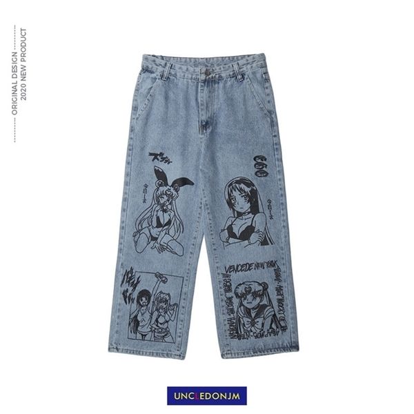 

uncledonjm cartoon printed jeans men's bf harajuku fashion brand street wear casual graffiti loose blue jeans 210716