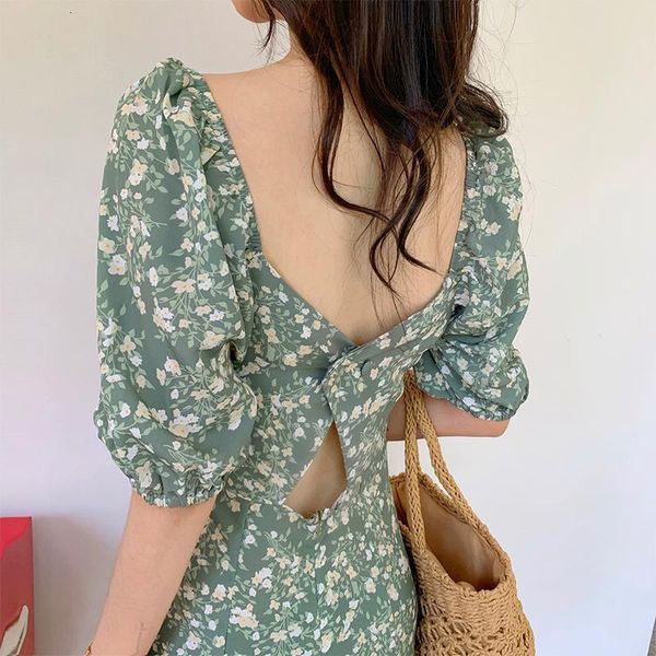 

2021 new floral women sleeve chiffon mini backless casual french style elegant vintage summer korean xpaw, Black;gray