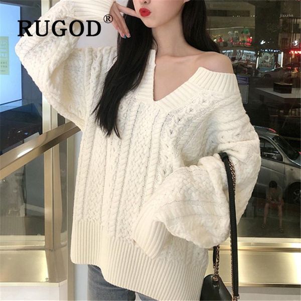 

rugod new fashion female sweater pullovers woman v neck off shoulder twist knitted pull winter warm thick sweater elegant sweet1, White;black