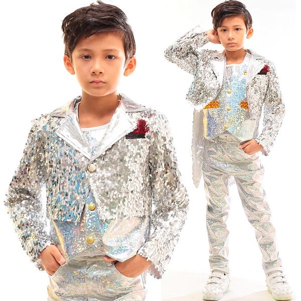 

2021 new jazz costumes hip hop boys drums children street dance model singer performance silver tassel laser leather pants suit, Black;red