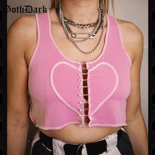 

e girl pink polyester summer tank y2k chic heart contrast stitch hook pins crop 90s streetwear sleeveless women cloth, White
