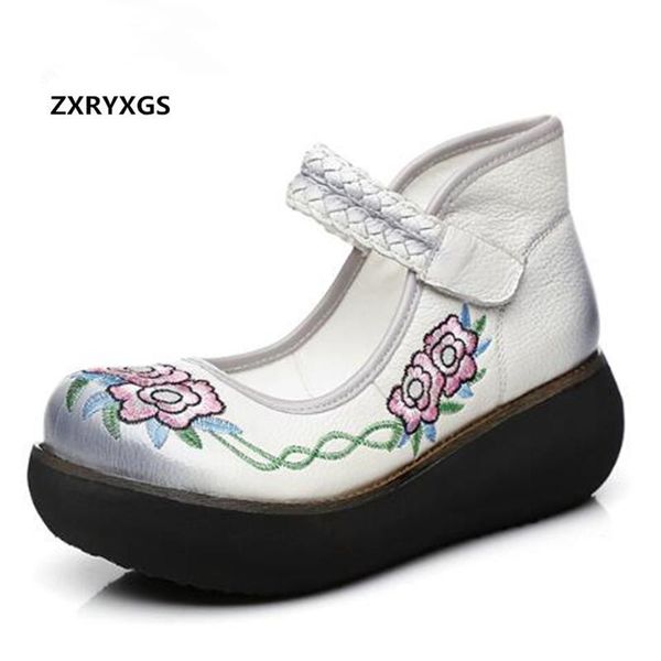 

dress shoes 2021 spring autumn embroidered cowhide leather women fashion wedges high heels retro wedding, Black