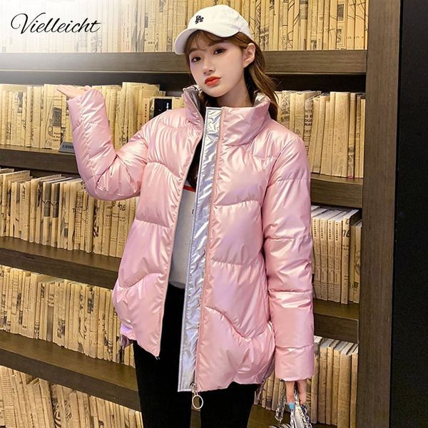 

vielleicht new autumn women's winter coats fashion glossy stand collar parkas winter jacket women shinny padded cotton coat 201014, Black
