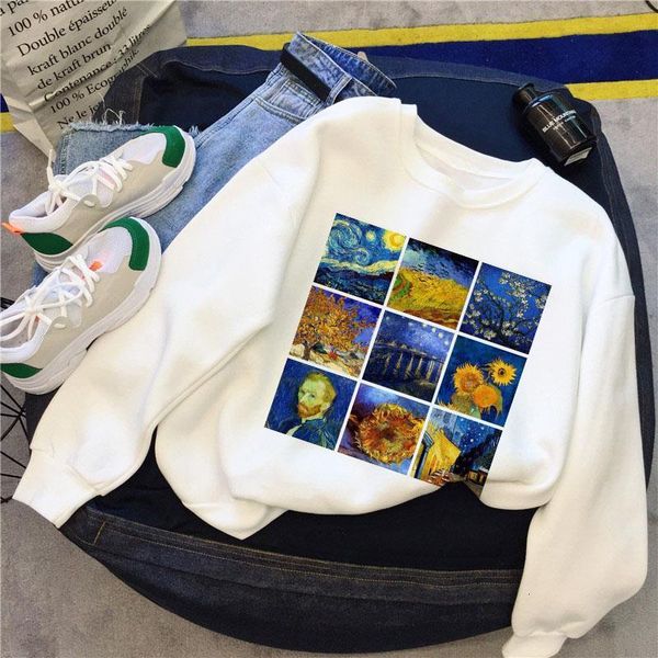 

new van gogh art vintage oil painting lattice print bf harajuku women weatershirt winter warm cute plus size casual female, Black
