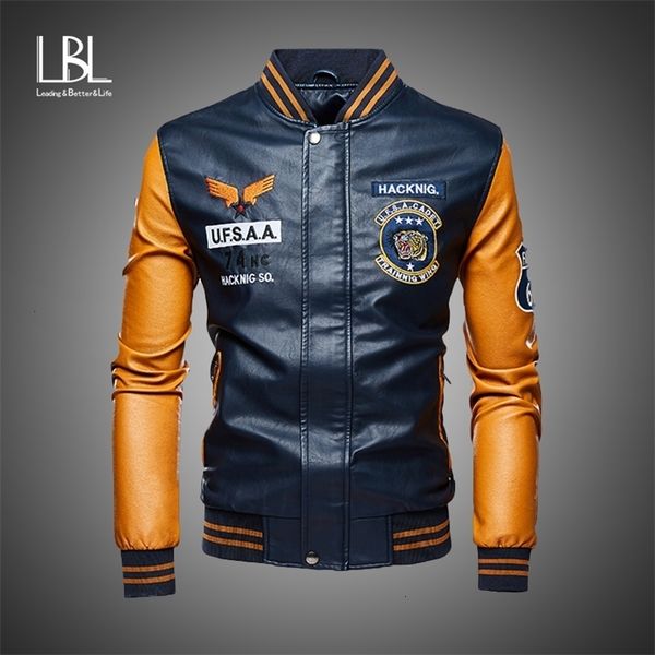 

bomber leather jacket men baseball jackets biker pu coat faux pilot varsity fleece college leather black slim fit motorcycle 201218, Black;brown