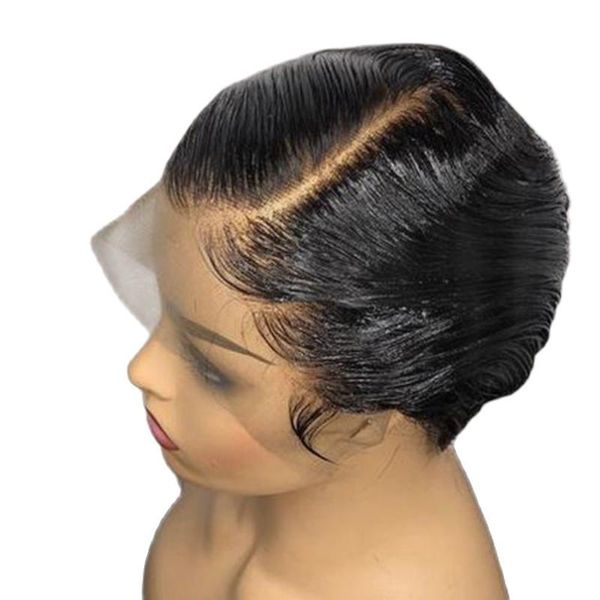 

lace wigs short pixie cut wig transparent human hair for women straight frontal side part bob 13x1, Black;brown