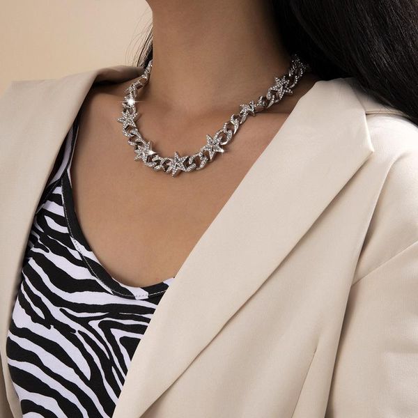 

chokers timeonly fashion shiny rhinestones star chain necklaces for women female gold color chunky linked necklace accessories, Golden;silver