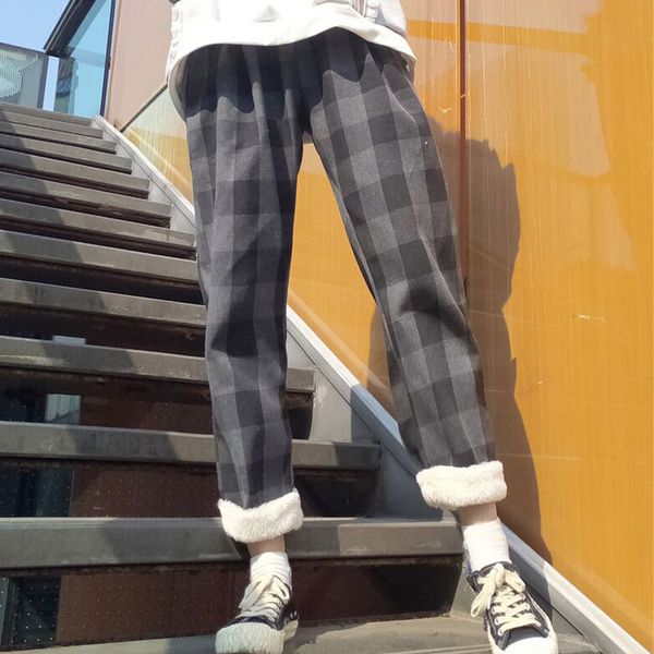 

plaid pants women japanese streetwear warm pants women winter velvet pants straight casual plaid trousers ankle length, Black;white