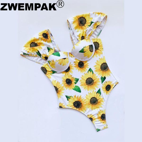 

women's one piece swimwear 2021 female bodysuit floral monokini sunflower short sleeve bikini push up beachwear femme biquini