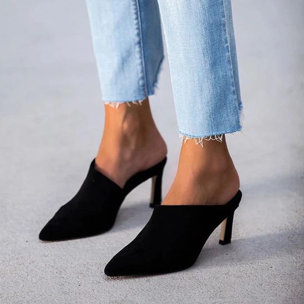 

women mules high heel shoes fashion pointed women sandals slippers ladies spring thin heel slides stiletto plus size 35-43, Black