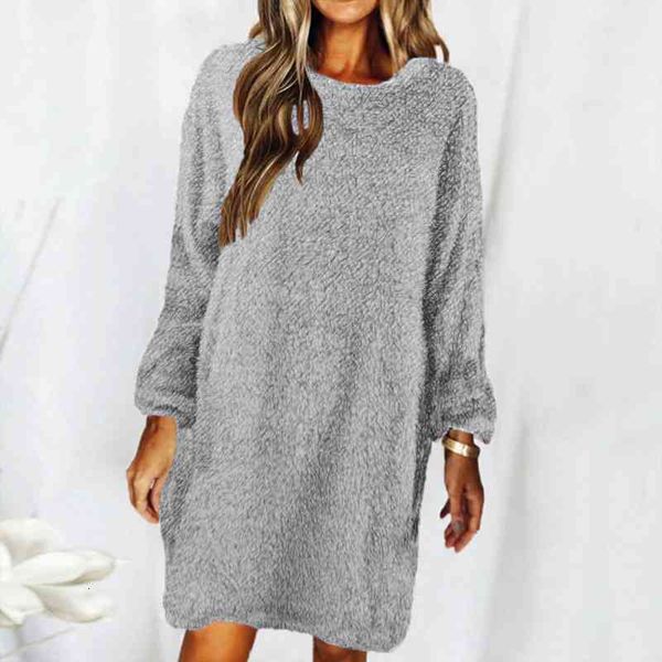 

fashion solid color round neck warm velvet midi dress women autumn winter long sleeve loose plush sweater dresses elegant female, Black;gray
