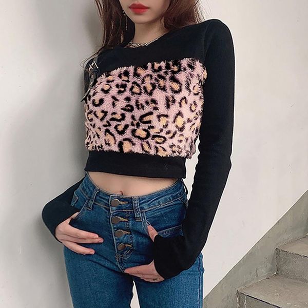 

leopard print women tshirt long sleeve tshirts for women square neck knitted crop jumpers t shirt femme t-shirts, Gray