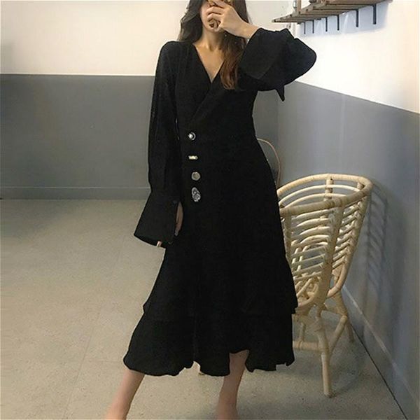 

casual dresses vintage elegant dress women french style black v-neck chiffon midi long sleeve slim korean 2021 women's autumn, Black;gray