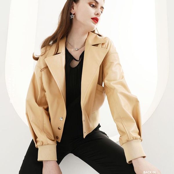 

women's leather & faux luhayesa classic big suit collar jackets spring genuine sheepskin clothes female fashion real, Black