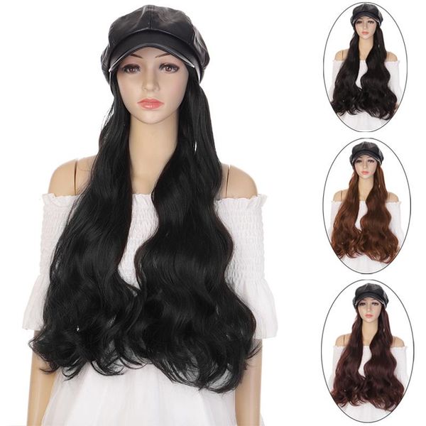 

synthetic wigs difei long wavy hair with black pu leather beret hat for retro woman octagonal wig brim