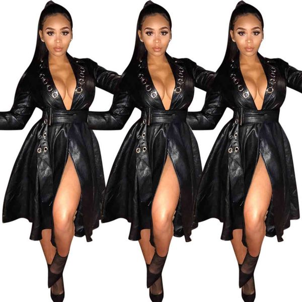 

leather jacket high fashion men belt mh5901 v-neck coat, Black