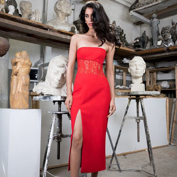 

new summer red lace bandage strapless sleeveless split midi club celebrity runway party dress vestido savt, Black;gray