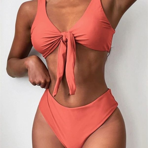 Bikini imbottito con nodo frontale Cinghie da donna Solid Summer Costume da bagno femminile Costume da bagno Costumi da bagno sexy Nuoto Beachwear 210629