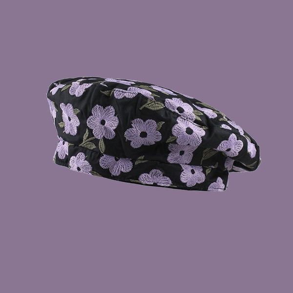 

berets 2021 korean summer and spring trend women beret girl's pastoral flower embroidery chiffon thin breathable fairy artist hat, Blue;gray