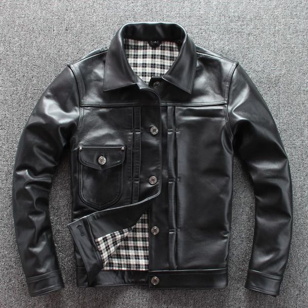 

men's leather & faux 2021 japanese vintage style calf skin jacket slim short real coat men single breasted denim shirt design, Black