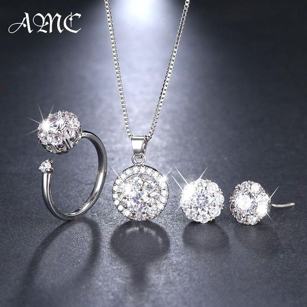 

earrings & necklace amc noble cute round zircon jewelry sets shiny crystal earring ring fashion elegant christmas party date gift for women, Silver