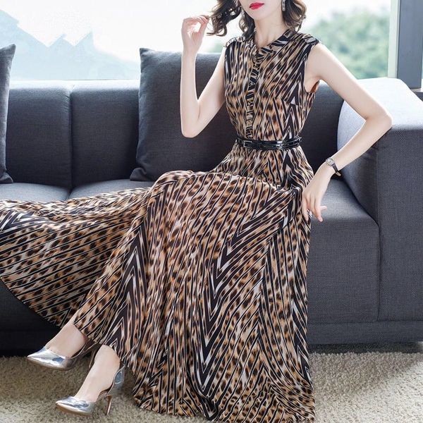 

dressed as leopard 2021 female summer vintage stylish temperament long sleeveless belt the line party dress fy12 hsqt, Black;gray
