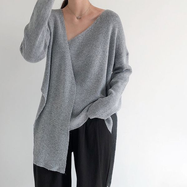 

2021 fashion solid ol sweater women knit pullovers loose new lazy elegant formal v-neck long sleeve knitted sweaters o95f, White;black