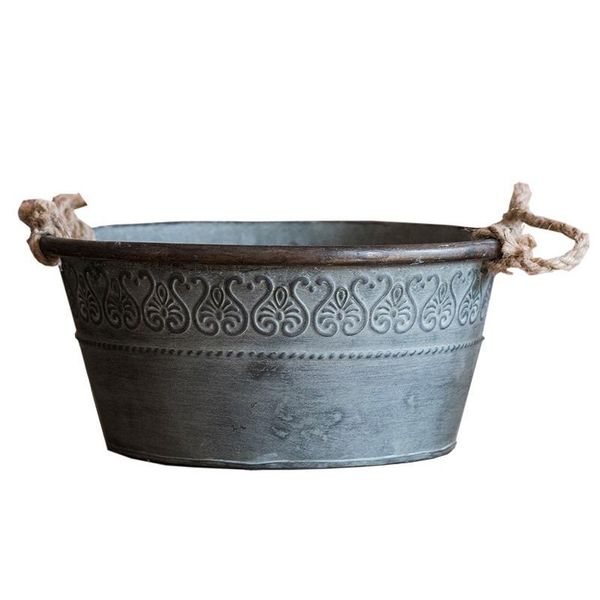 

basin american countryside vintage style round galvanized planter with rope handle 22x9.5cm