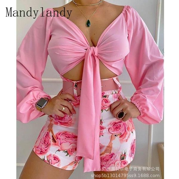 

women's tracksuits mandylandy autumn lantern sleeve v-neck bandage + high waist straight shorts suit women printed slim fit two-pie, Gray