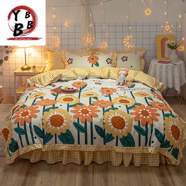

korean yellow bedclothes luxury duvet cover romantic lace girls princess quilts cover  full single bedding sets